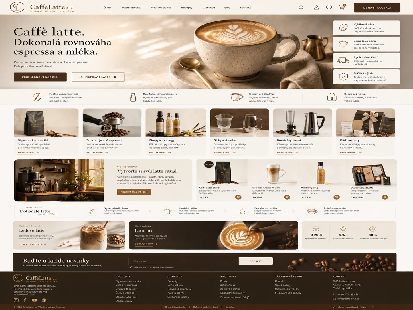 Vizuální návrh možného projektu CaffeLatte.cz zaměřeného na caffè latte, kávový e-shop a vybavení pro domácí přípravu